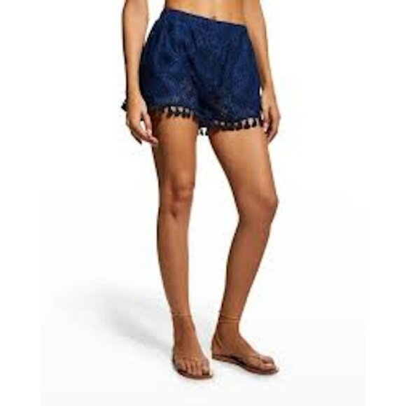 Trina Turk NWT Blue Shorts Semi Sheer Embroidered Tassel Floral Coverup Small - Picture 1 of 6